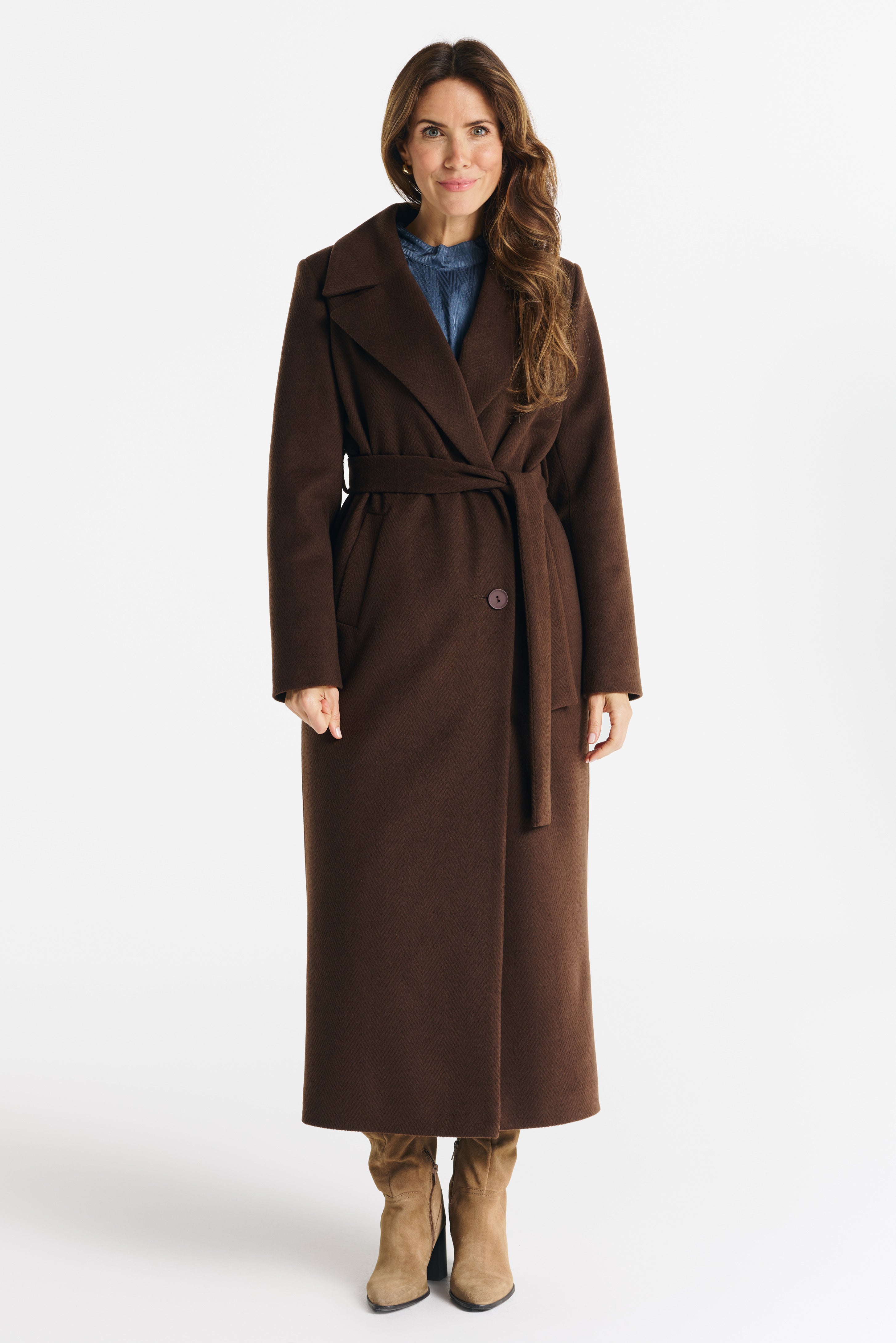 Verona maxi coat chocolate herringbone - salme.pl