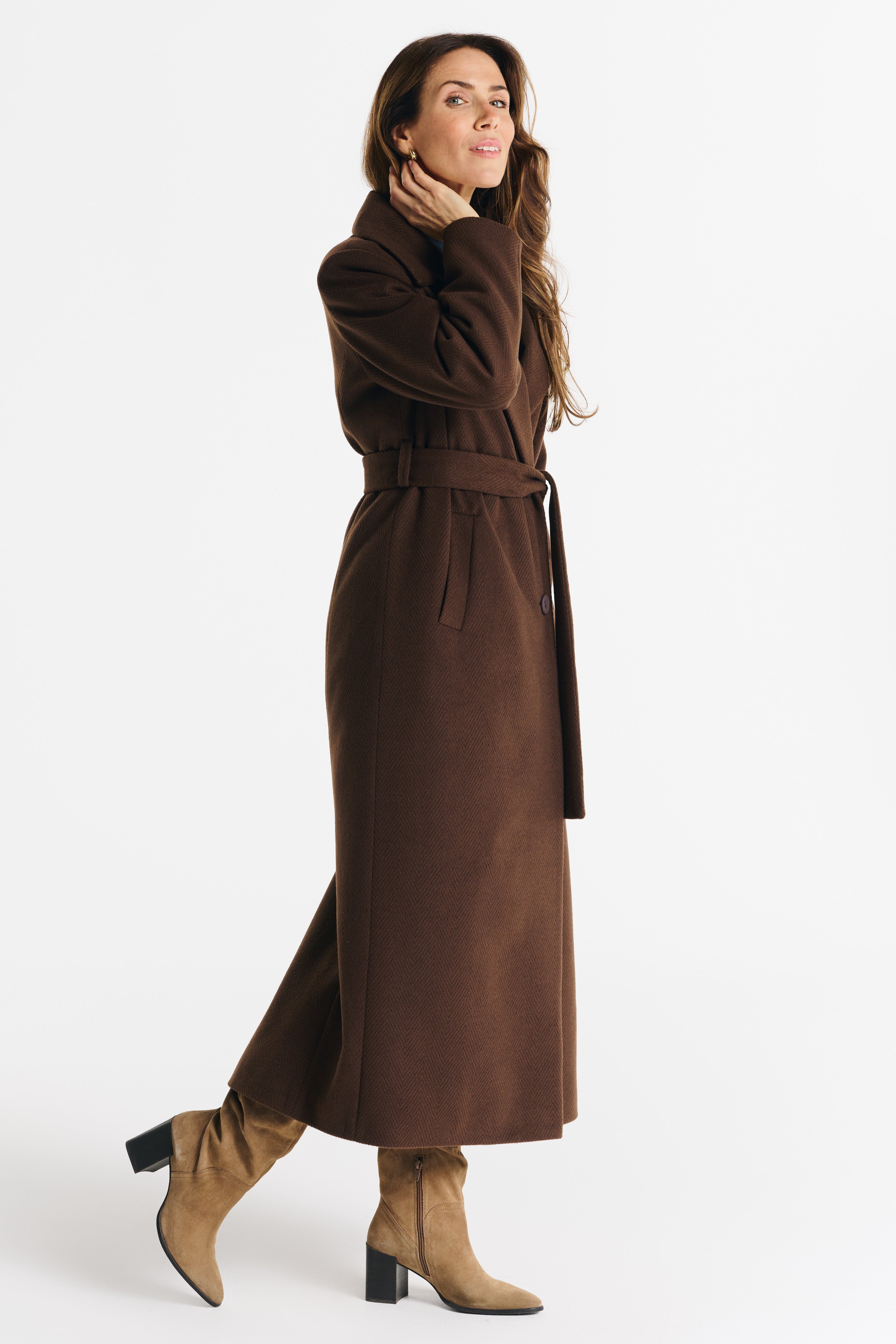VERONA maxi coat chocolate herringbone