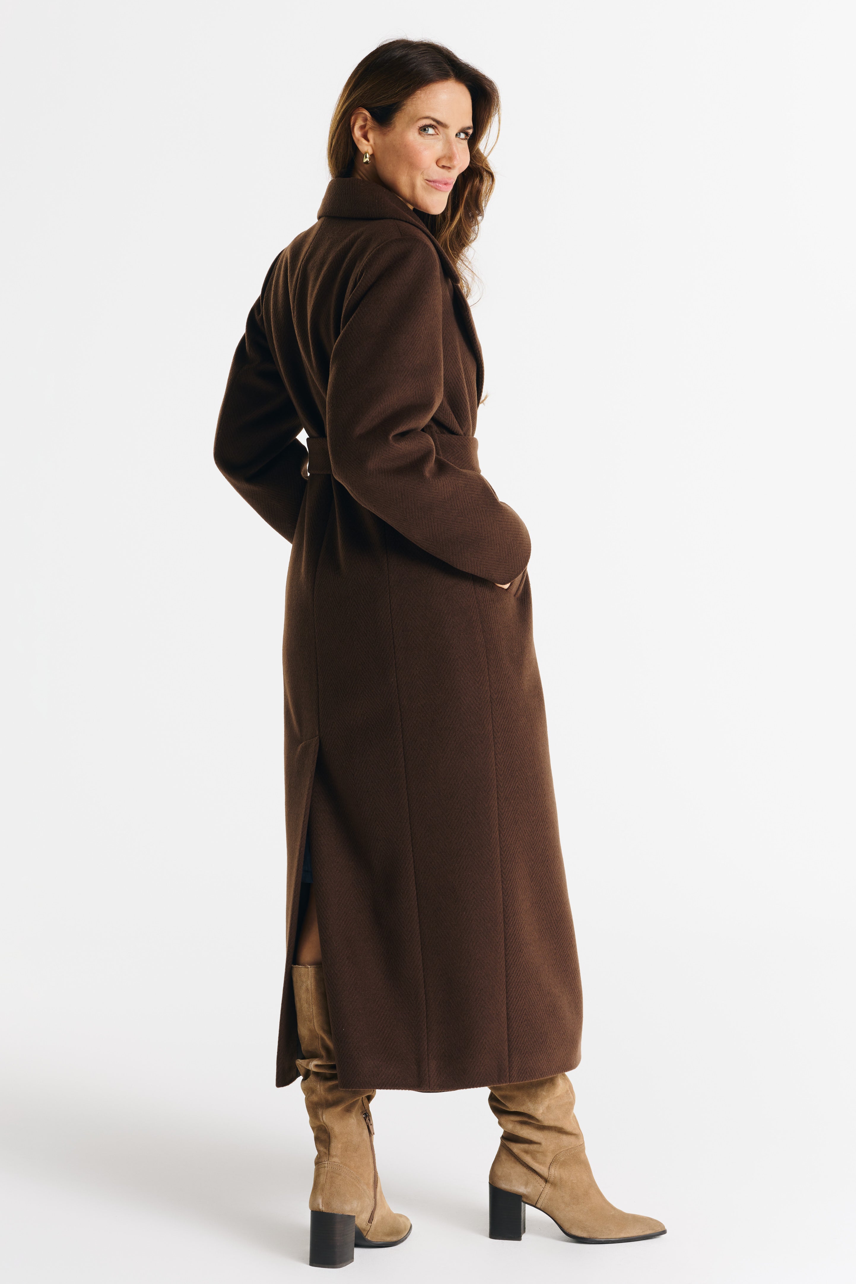 VERONA maxi coat chocolate herringbone